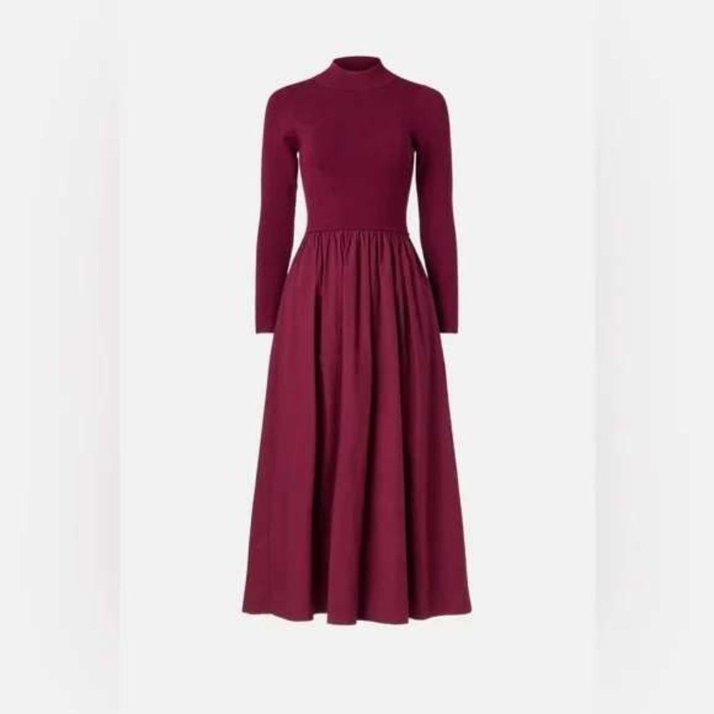 Marie Oliver Barrett Mixed Media Mock Neck Midi Dress Burgundy Wine M Minimalist